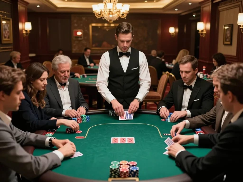 earlyinsights engaging poker game scene with players and dealer in upscale casino