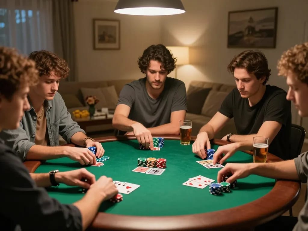 Fortleemedspa captures friends enjoying an exciting poker game with colorful chips and cards laid out.
