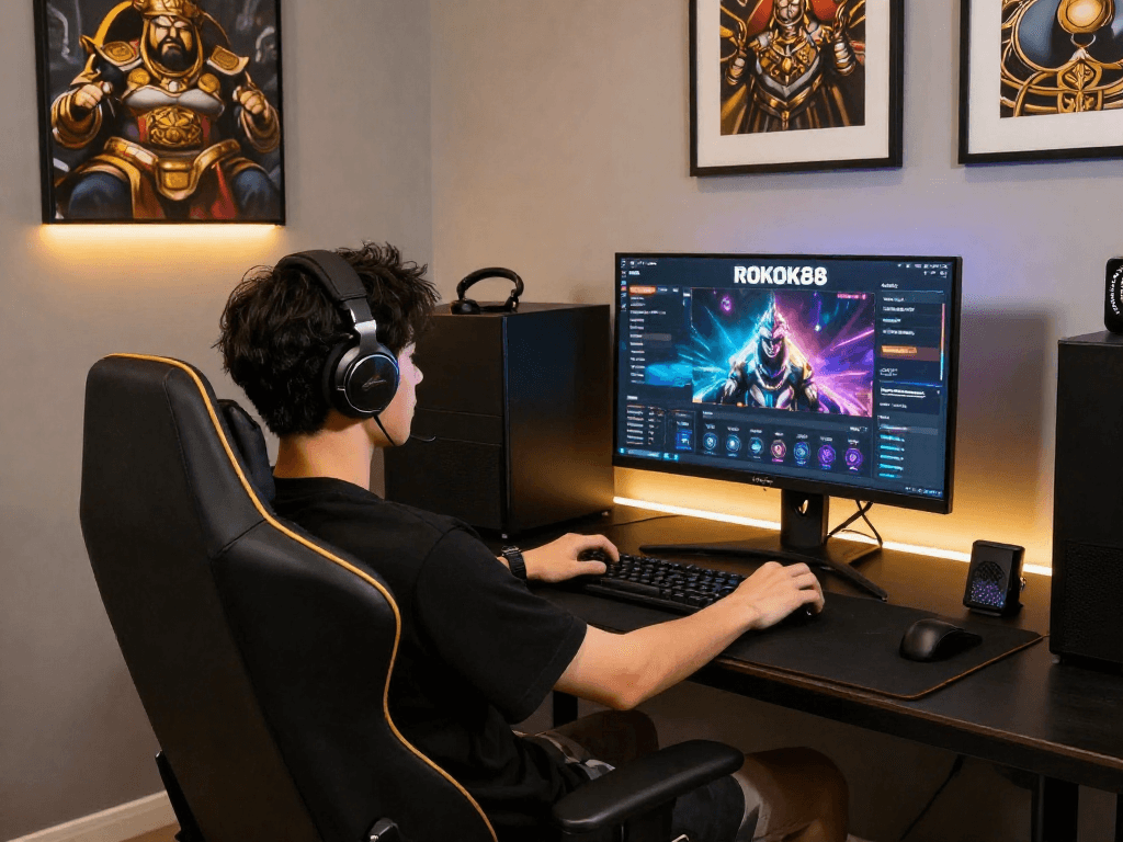ROKOK88 premium gaming experience with elegant black-and-gold theme and stylish accessories.