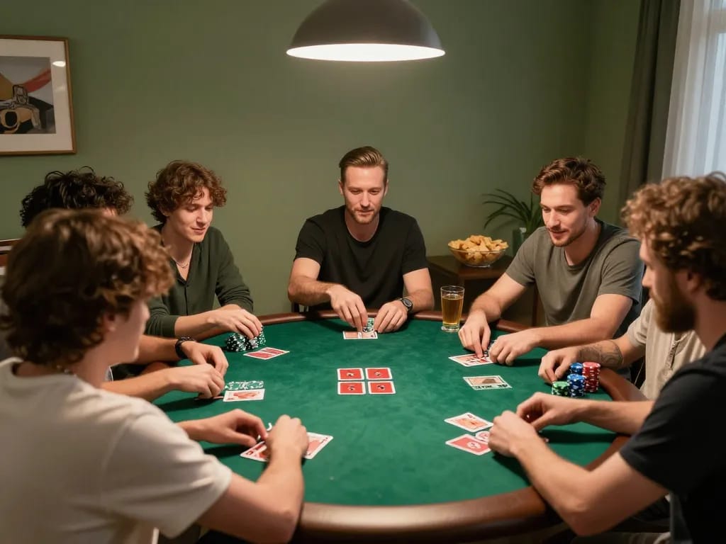 Exciting home poker night scene showing players engaged in active gameplay, emphasizing nhacaiuytinn