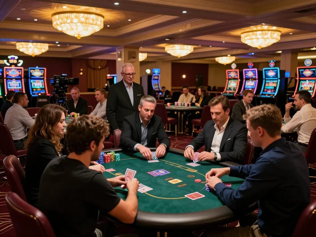 Players at F8BET casino tables engaged in strategic poker gameplay, illuminated by warm lighting