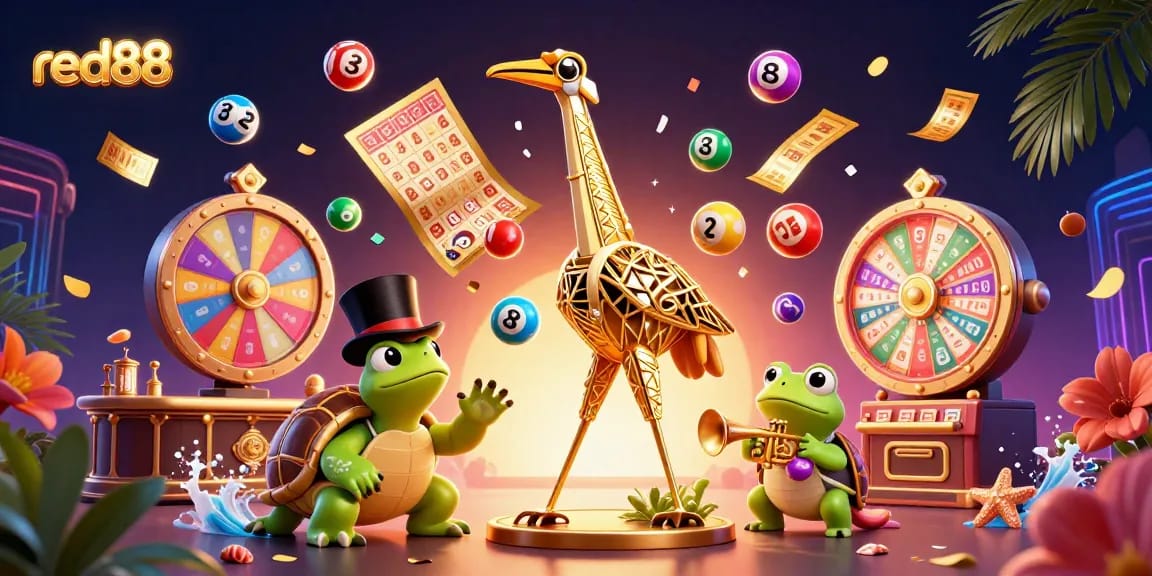 Experience the excitement of red88 with vibrant lottery elements and lively characters in a 3D casino scene.
