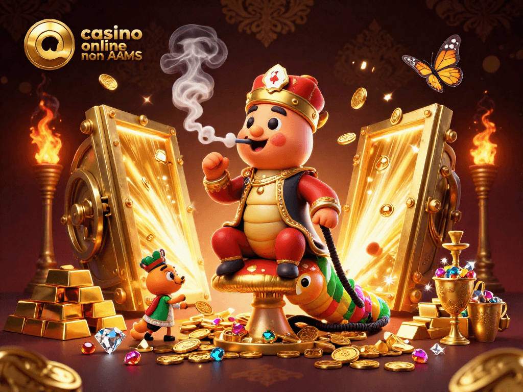 Gioca a casino online non AAMS con un'enorme illustrazione 3D ricca di elementi d'oro e gemme.