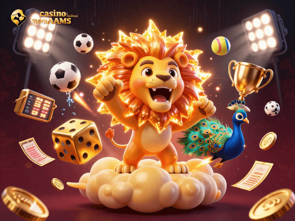 Visita il mondo dei casino italiani non AAMS con un leone solare che ruggisce trionfante tra palloni sportivi.