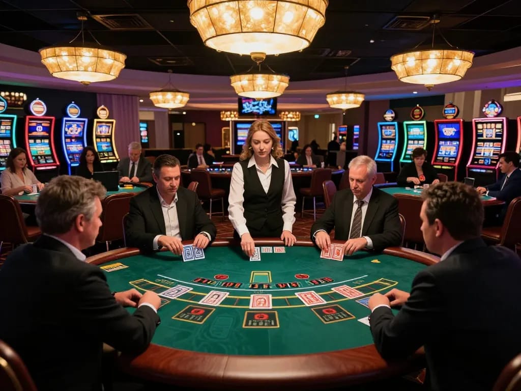 Players engaging in blackjack at 8kbet's live dealer casino, showcasing excitement and strategy.