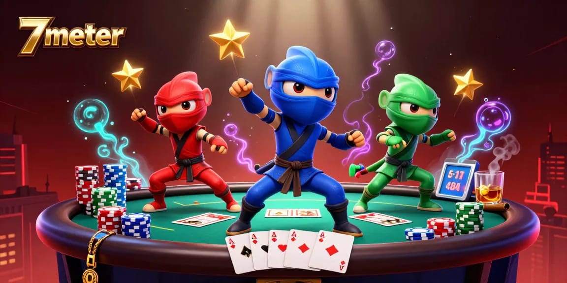 Betting with 7meter: Synchronized chameleons in martial arts poses amidst vibrant poker elements.