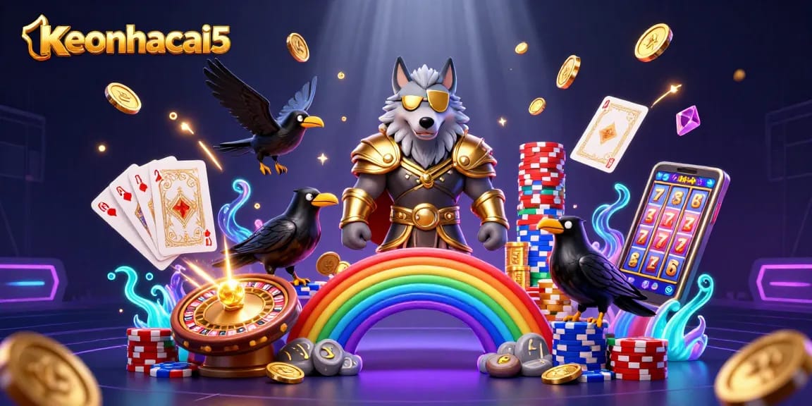 Experience thrilling gameplay with keonhacai5 surrounded by dynamic casino elements in 3D illustration.