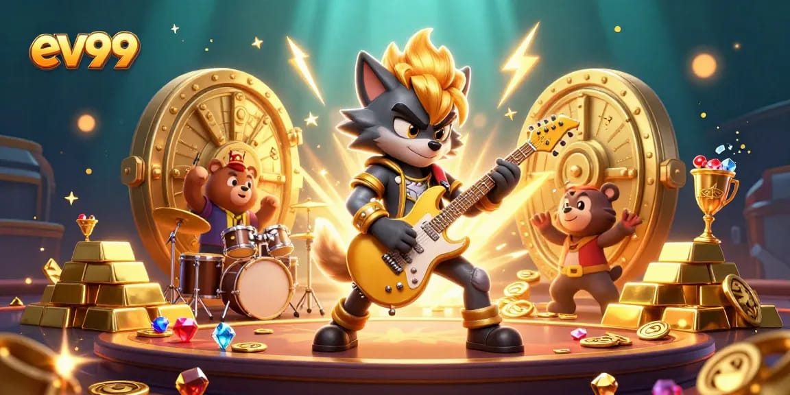 Experience thrilling action at EV99 with rock star wolf dominating the casino stage among treasures and gemstones.
