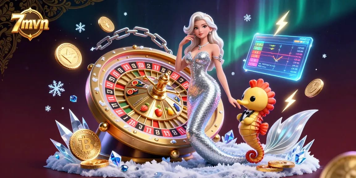 Engage with 7mvn's immersive 3D casino scene, replete with roulette wheels, vibrant crypto coins, and dynamic gambling elements.