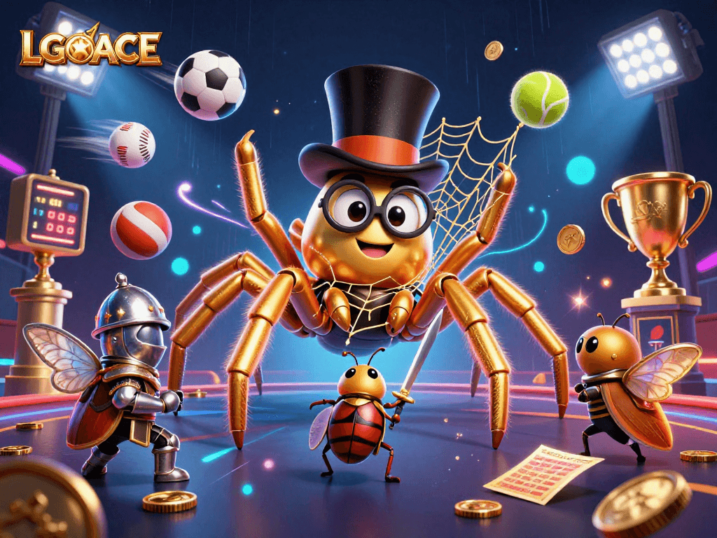 LGOACE presents a vibrant scene with a golden tarantula weaving webs in a dynamic casino environment