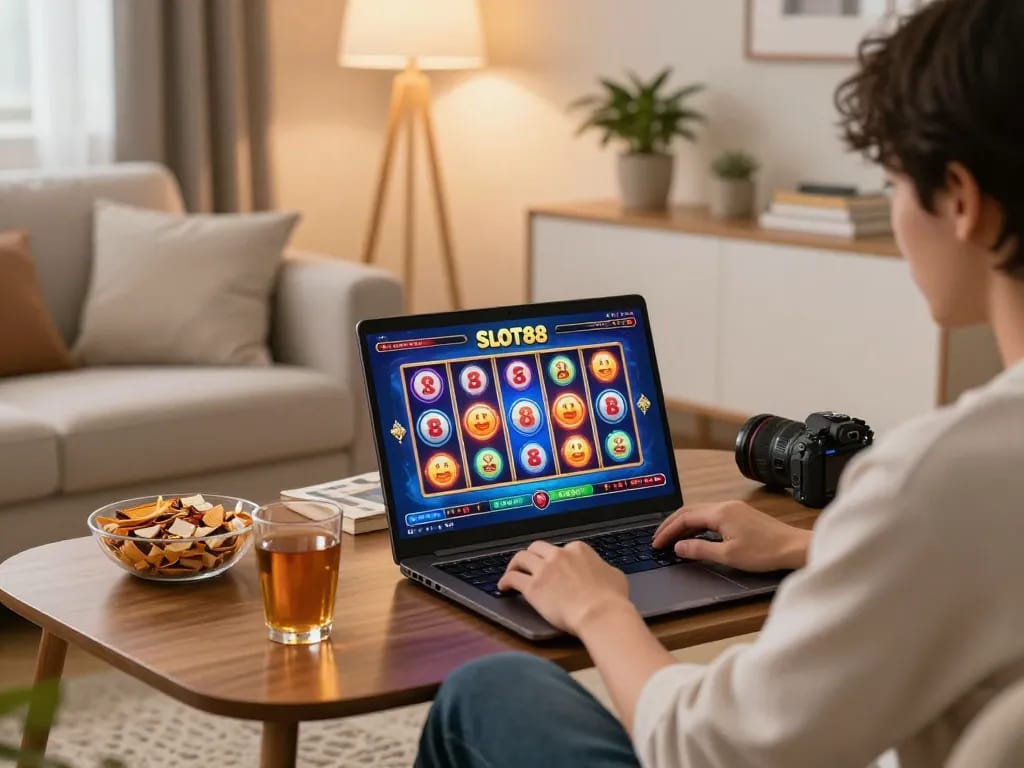 Person plays SLOT88 online slots at home, engaged in dynamic gameplay