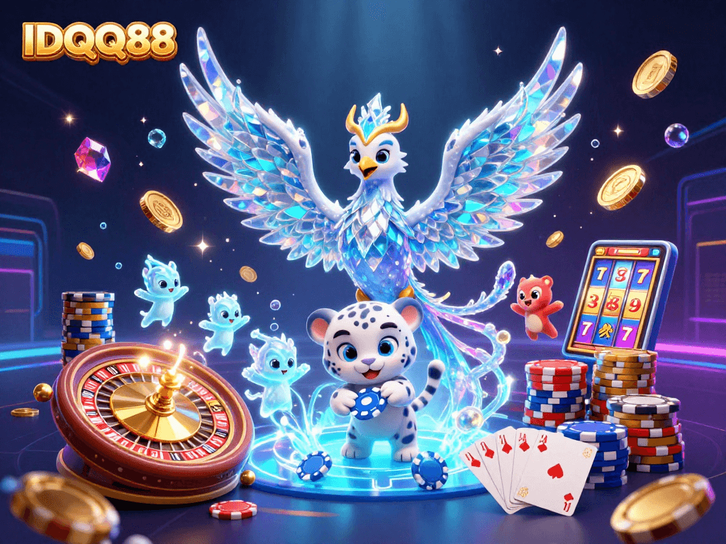Experience the excitement of IDQQ88 with a vibrant 3D illustration showcasing a lively casino scene.