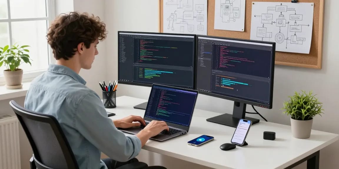 Experience robust Telegram Download capabilities with a focused developer coding in a bright, modern workspace.