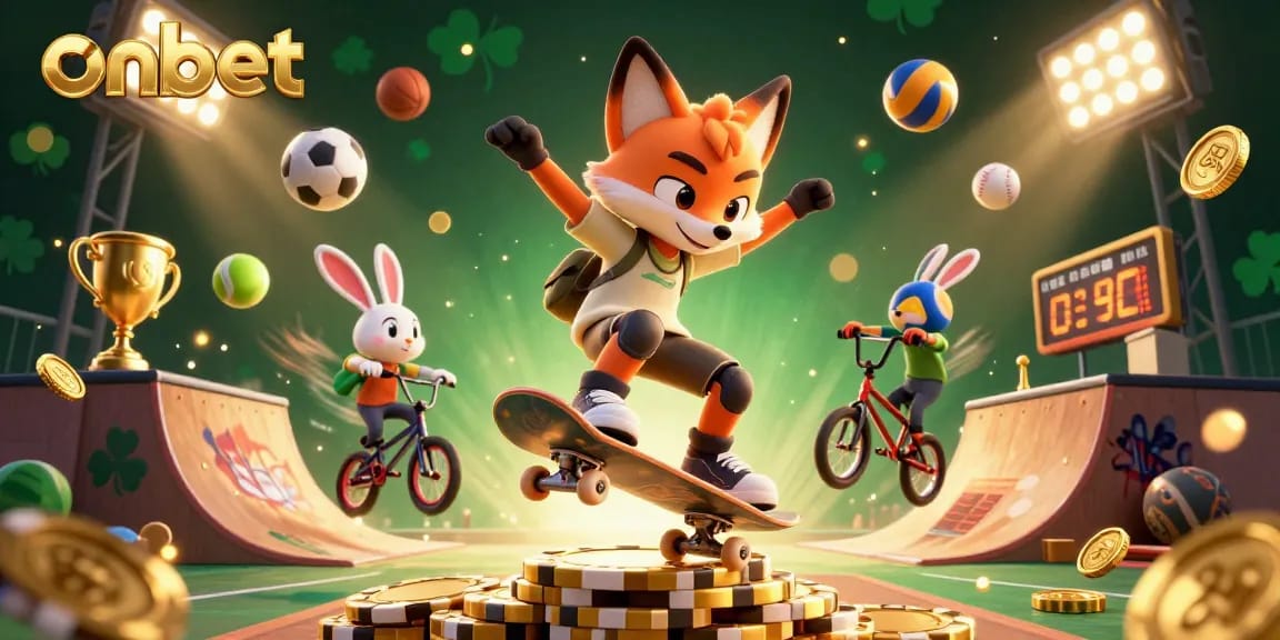 Experience thrilling action at ONBET with our vibrant cartoon scene of a fox and rabbit in casino settings.