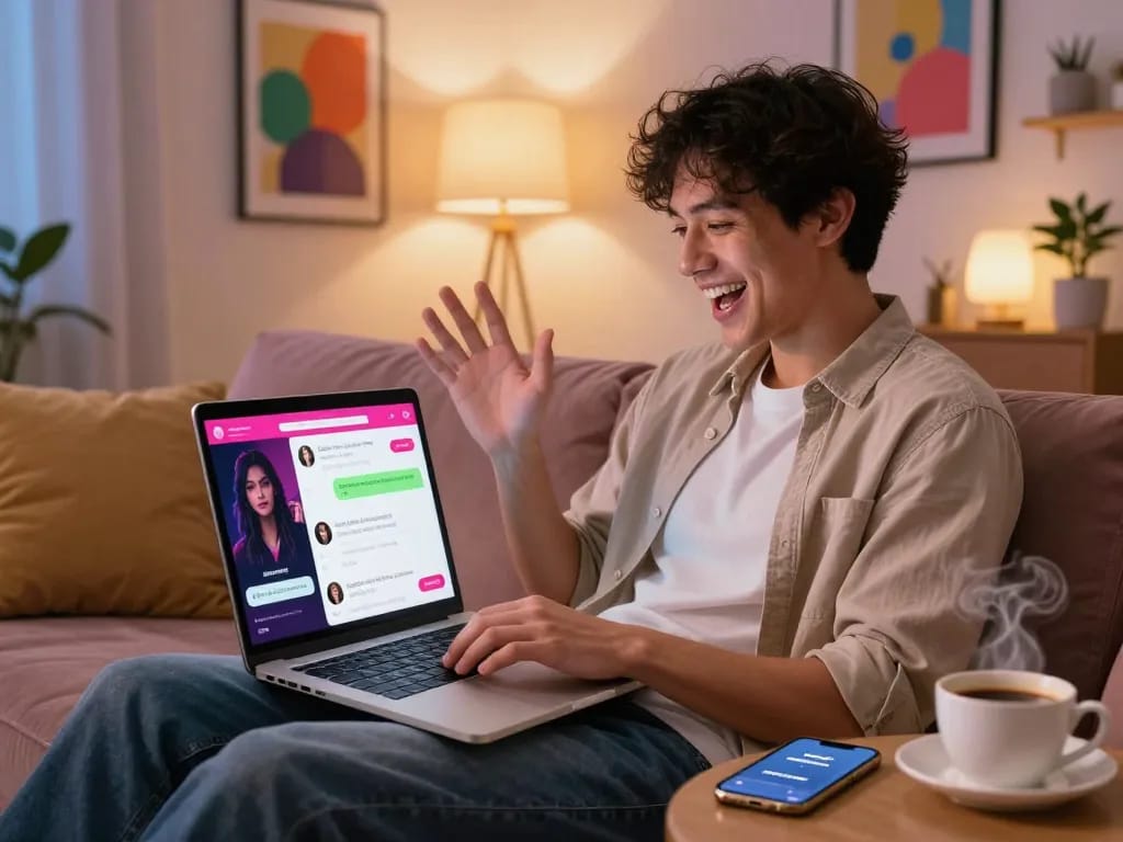 User enjoying an engaging ai porn chat on a laptop, highlighting the cozy home atmosphere.