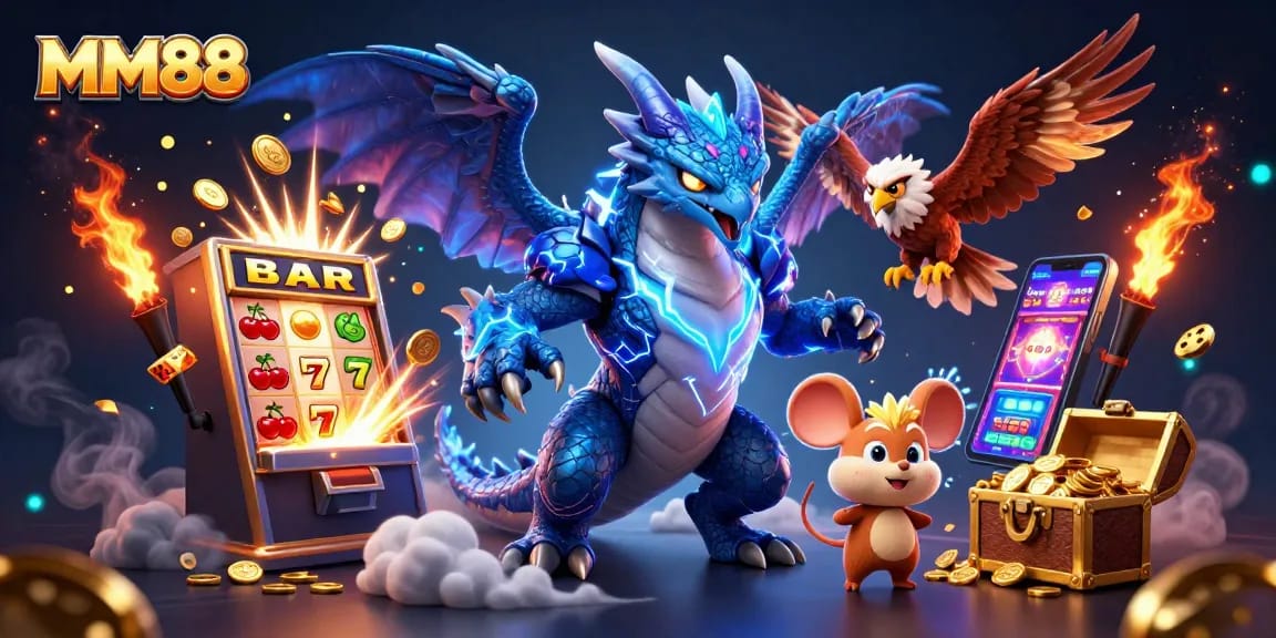 Experience the excitement of MM88 with a dynamic casino scene filled with action and vivid colors.
