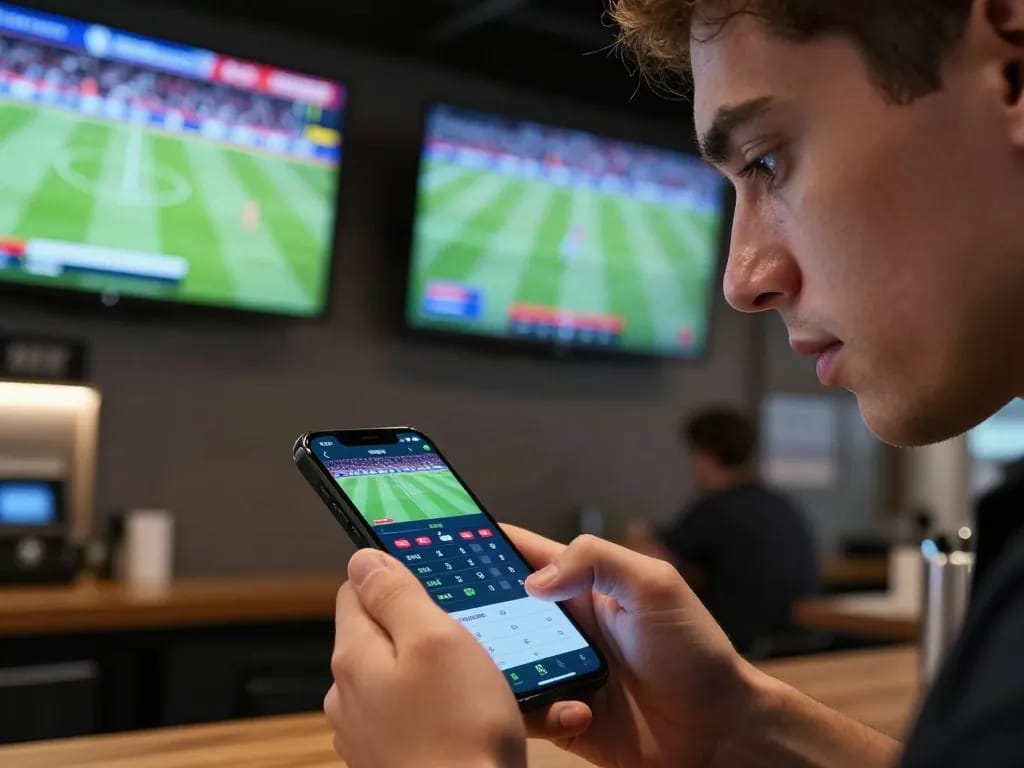 Bongdalu user actively placing strategic sports bets on their smartphone amid a lively sports bar atmosphere.