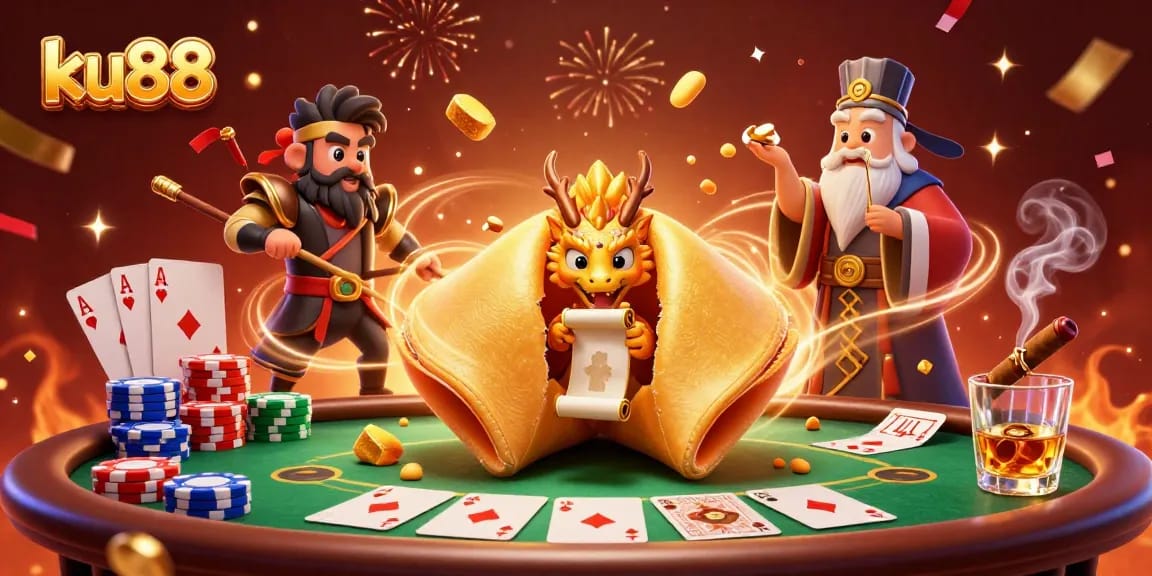 Experience the thrilling ku88 vibe with golden game elements and fortune cookie characters.