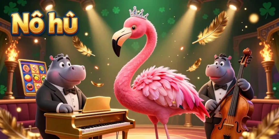 Nổ hũ casino scene with a pink flamingo singer and a hippo bassist engaging players in jackpot excitement.