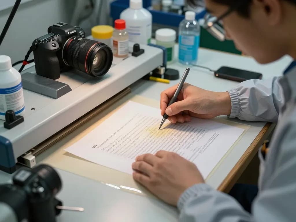 Technician bóc plastic from a fragile document using advanced restoration tools in a professional environment.