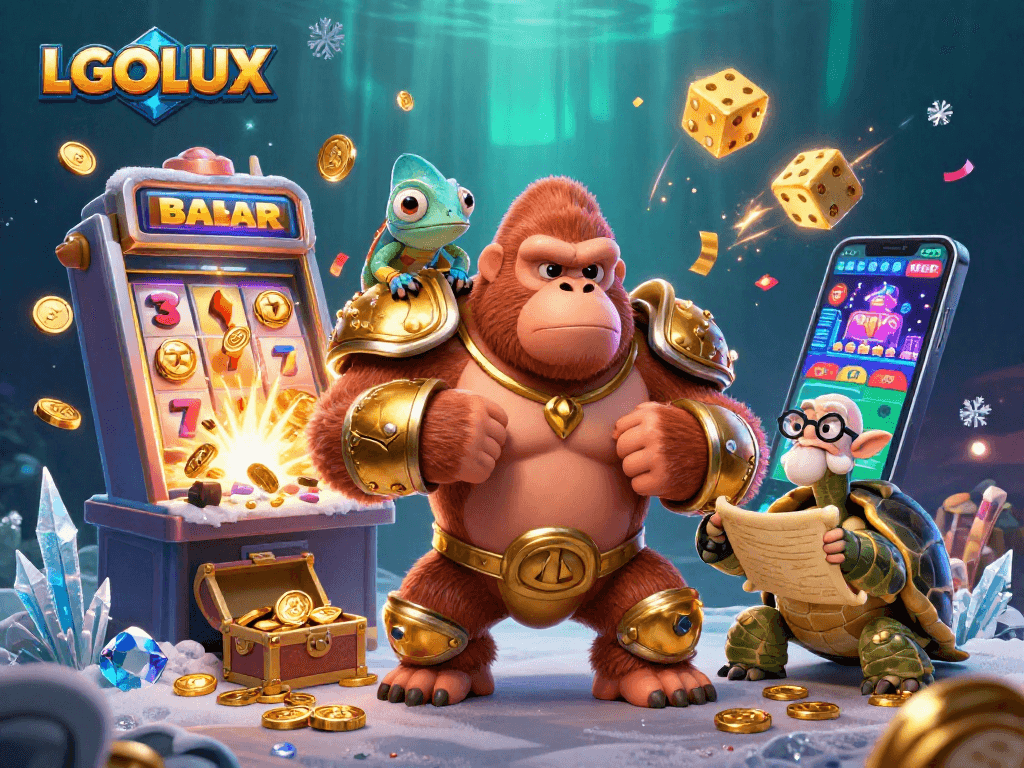 Experience thrilling wins at LGOLUX with an action-packed casino scene featuring a golden gorilla king.