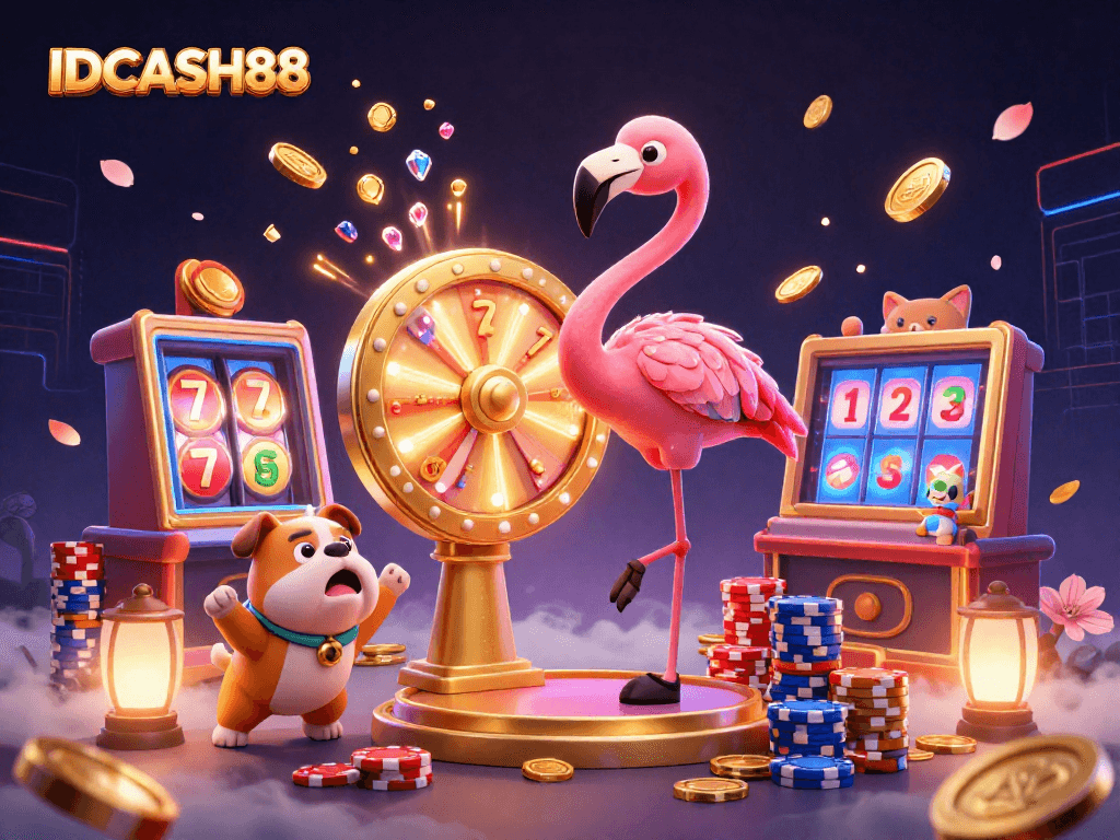 Experience thrilling gameplay at IDCASH88 with vibrant 3D slot action, golden prizes, and energetic characters!