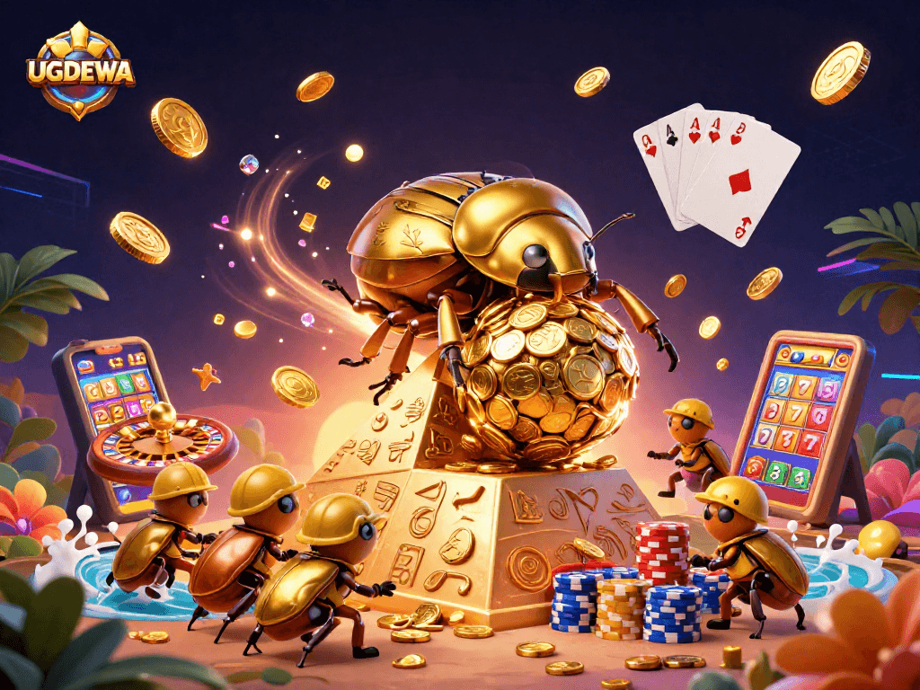 Engage with UGDEWA in an exciting casino scene featuring vibrant characters and winning symbols.