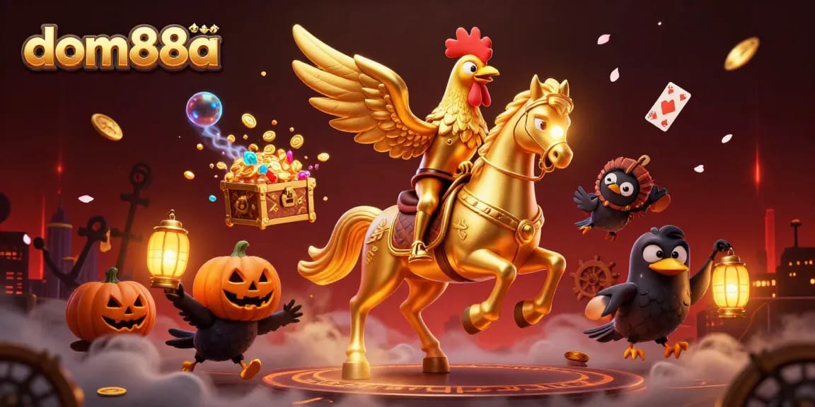 Experience the thrill of dom88a with a vibrant casino scene featuring a golden rooster and sparkling treasure.