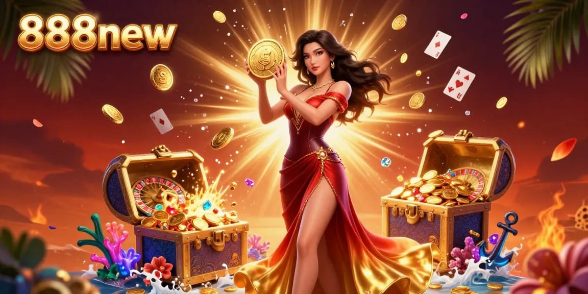 Win big with 888new as the stunning Asian woman triumphs, surrounded by golden coins and casino elements.