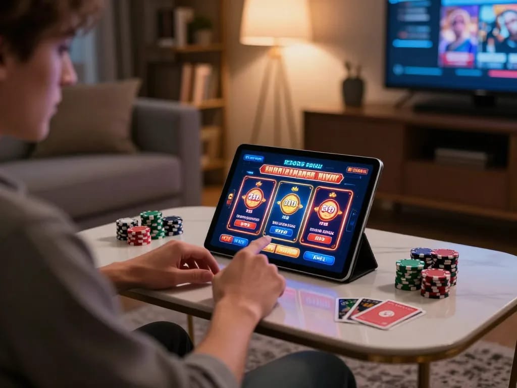 Player enjoying organiclifetree slot machine app on tablet in cozy home setting
