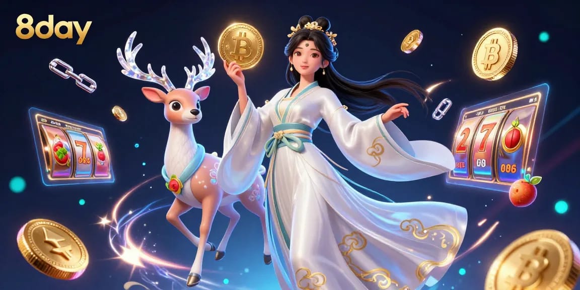 Experience thrilling gaming action at 8day with dynamic slot reels and vibrant crypto elements.