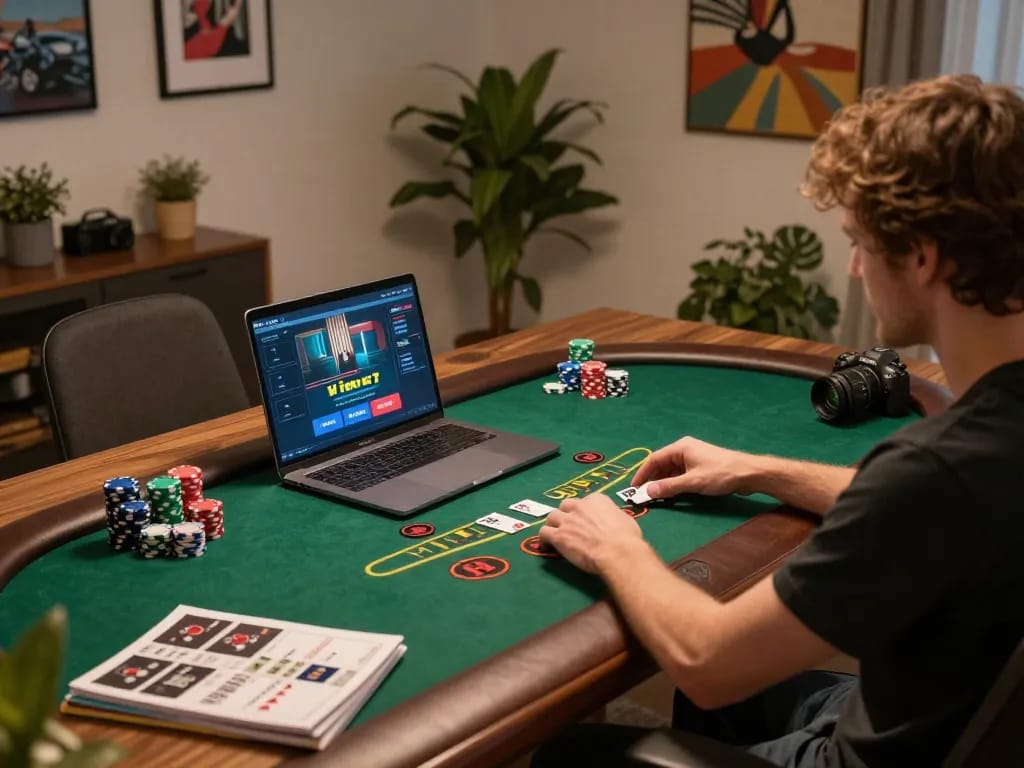 Engaging in live dealer blackjack at 8kbet, showcasing strategic online gaming setup.