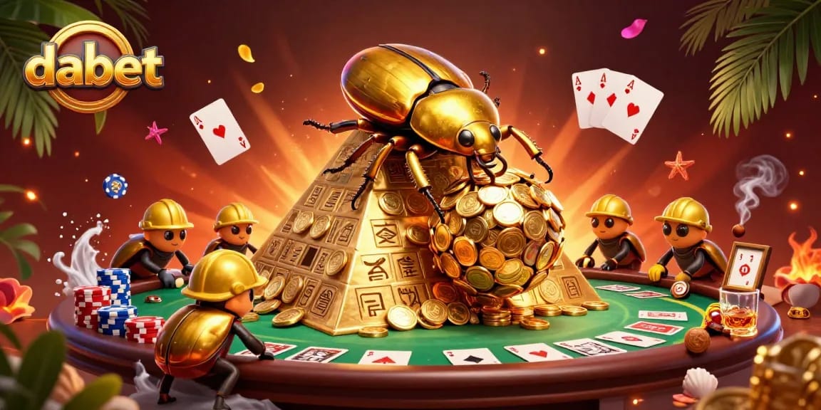 Dabet showcases a thrilling casino scene with animated characters rolling golden coins and poker elements.