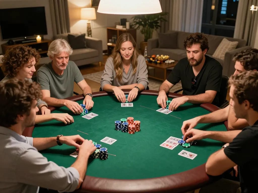 Engaged players reviewing keluaran hk results during an intense poker night at home.