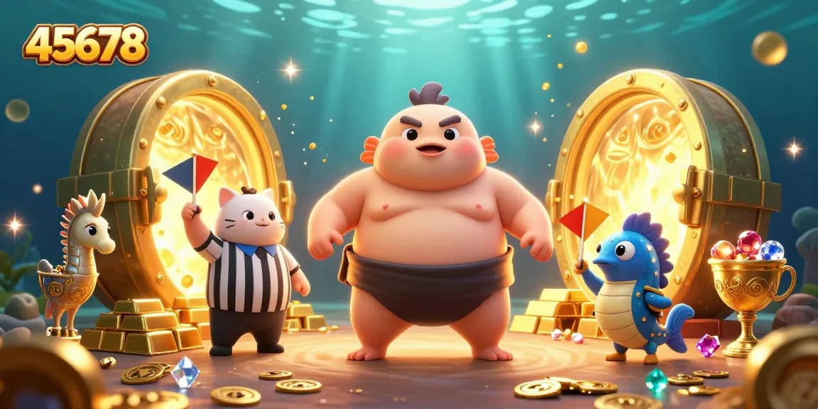 Join the excitement at 45678 casino with a vibrant underwater scene featuring a fugu sumo wrestling!