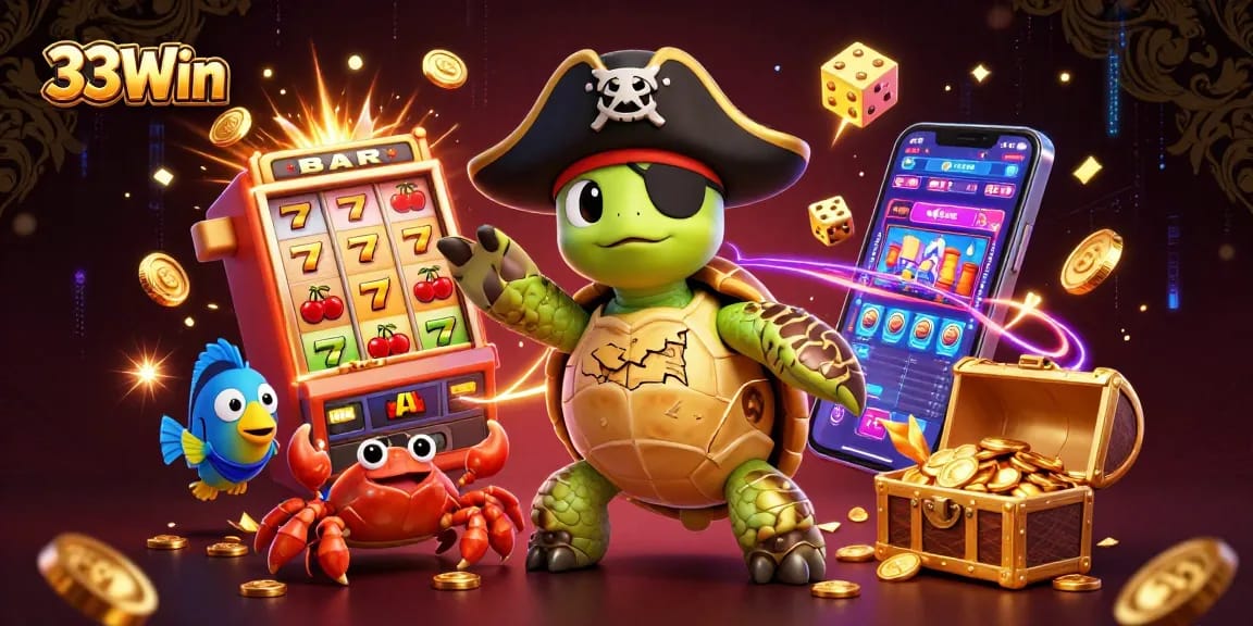 Experience 33Win's vibrant cartoon gambling scene with a pirate turtle and a slot machine jackpot.