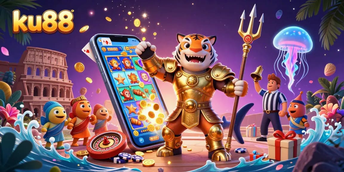 Engage with ku88's vibrant underwater casino adventure featuring a tanked gladiator shark.