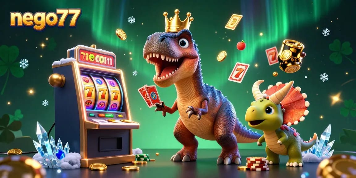 Experience excitement with nego77 as T-Rex plays cards while spinning slot machines erupt around them.