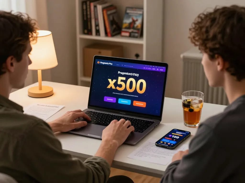 Engaging player analyzing Pragmatic Play Demo x500 interface on a laptop during a home gaming session.