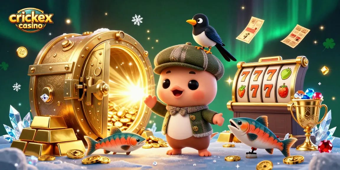 Engage in exciting gaming adventures at crickex casino with playful characters amidst vibrant casino elements.