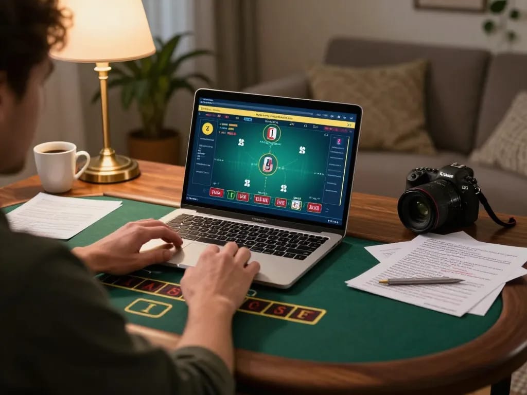 Player engaged in live dealer blackjack game using laptop at donkeyotdenver, showcasing home gaming atmosphere.