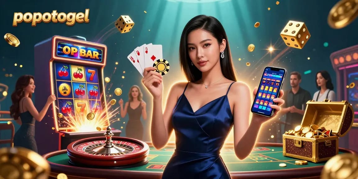 Experience popotogel with this vibrant 3D illustration showcasing a sophisticated woman in a casino scene.