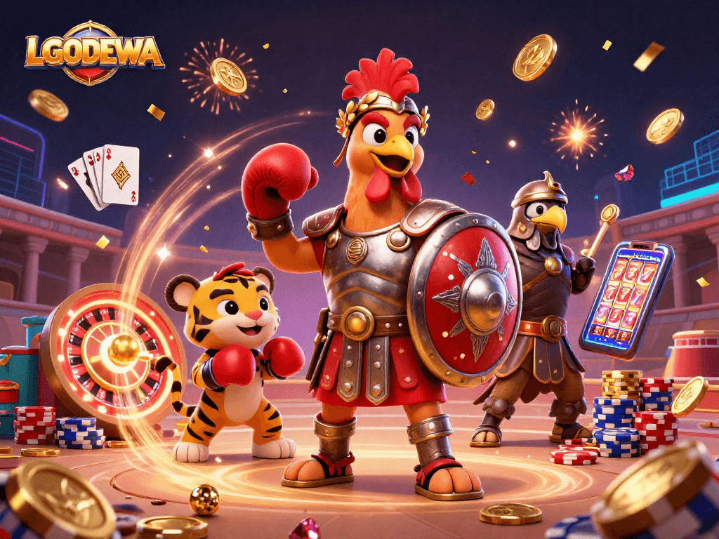 Experience thrilling gameplay with LGODEWA, featuring a gladiator rooster and sparkling casino elements.