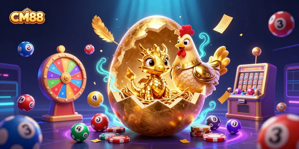 Experience excitement with CM88's golden dragon and casino themes in a lively game illustration.