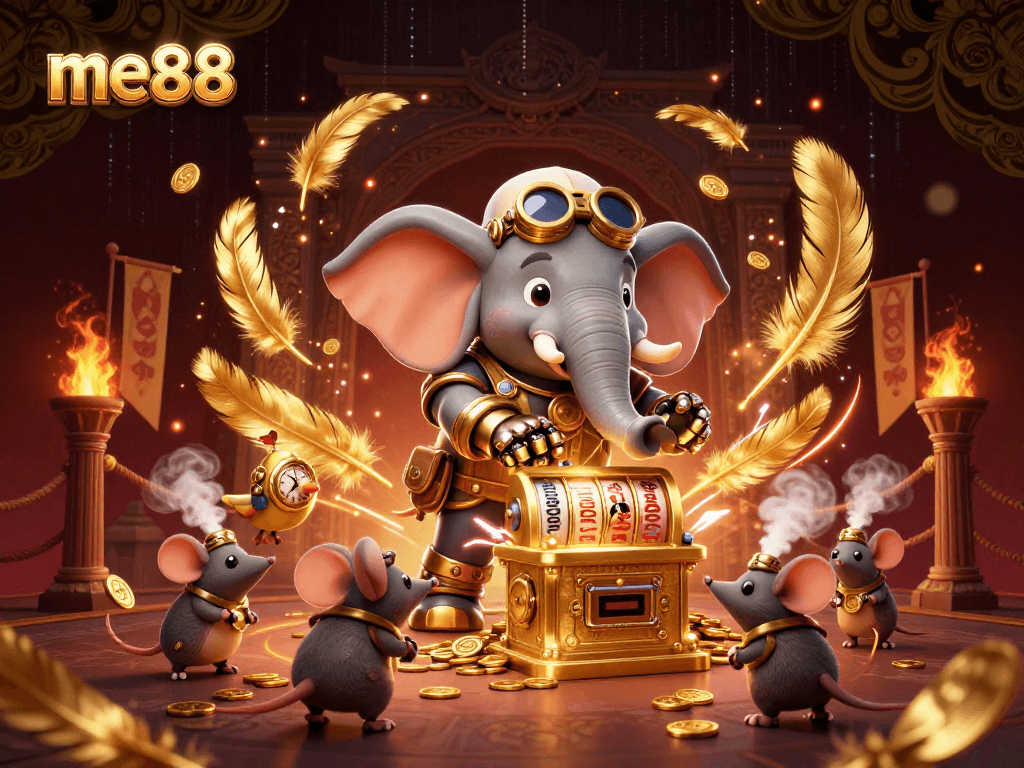 Experience thrilling gameplay at me88 with a vibrant steampunk elephant operating a golden slot machine.