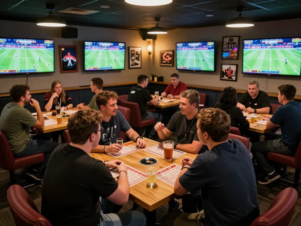 Friends engaging in sports betting activities during the worldcup2026 with excitement in a lively lounge.