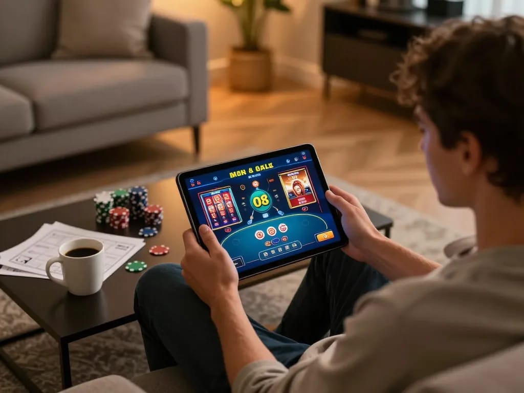 Engaging with O8 online gaming platform while enjoying a cozy home environment.
