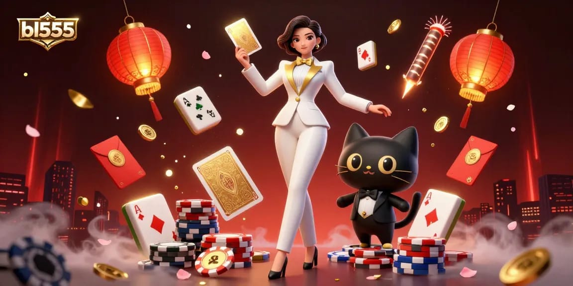 Experience the excitement of bl555 with a glamorous dealer shuffling cards in a casino-themed illustration.