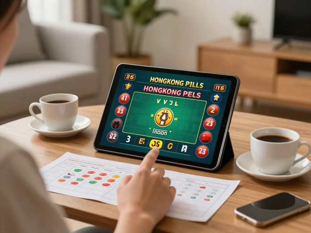 Online player enjoying Hongkong Pools gaming on tablet in cozy home setting.