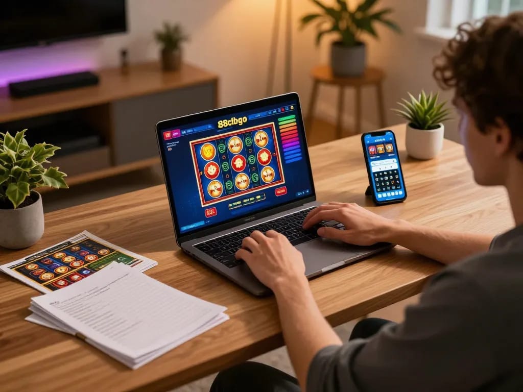 Engaging in online gaming at 88clbgo with colorful slot games on laptop and mobile app.